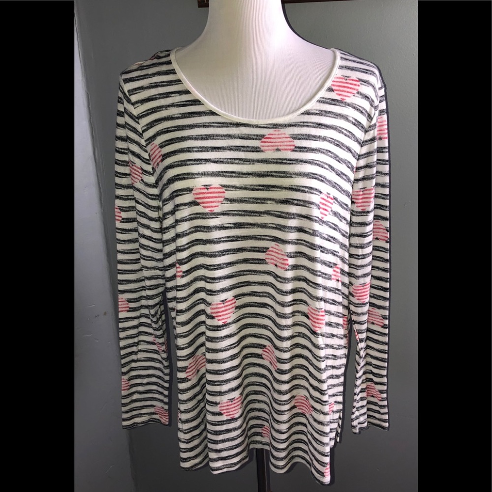 Lane Bryant Black and White Striped Long Sleeve Tee with Pink Hearts